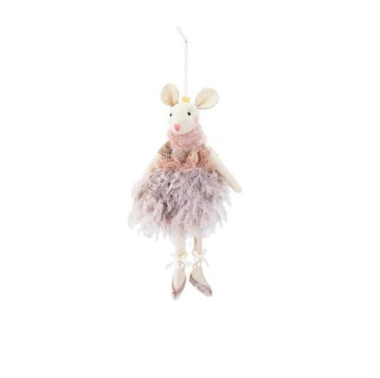 Hanging blush pink mouse Christmas decoration in feather rara skirt with gold crown and satin ballet pumps, 24cm