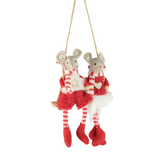 Two hanging red fabric mice sitting on a rope swing Christmas decoration, 15cm