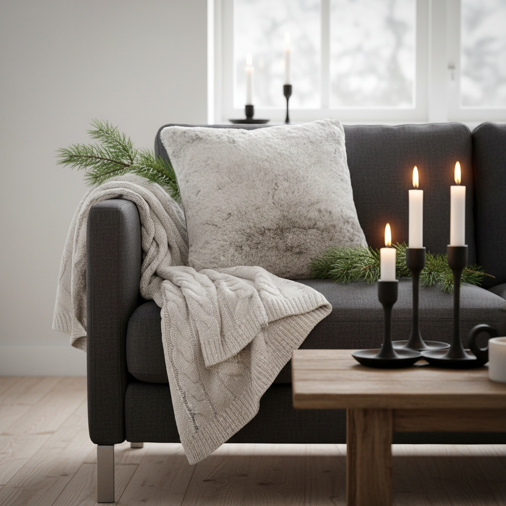 Moonstone faux fur cushion styled on a dark sofa with candlelight and pine branches in a cosy Nordic setting