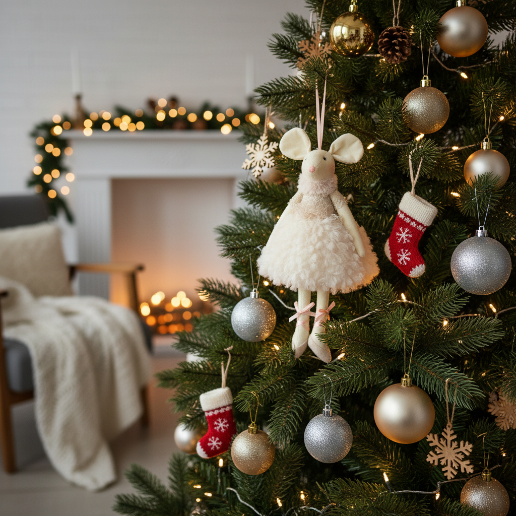 Hanging blush ballet mouse Christmas decoration displayed on a decorated Christmas tree with warm fairy lights