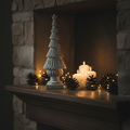Tall distressed Christmas tree ornament on a dark wooden mantelpiece with pine cones, white candles and fairy lights in a Nordic interior