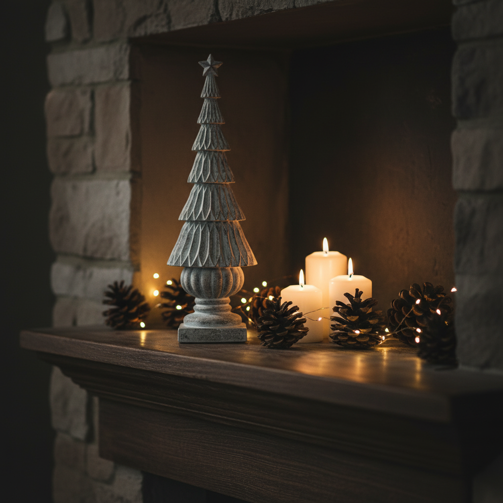 Tall distressed Christmas tree ornament on a dark wooden mantelpiece with pine cones, white candles and fairy lights in a Nordic interior