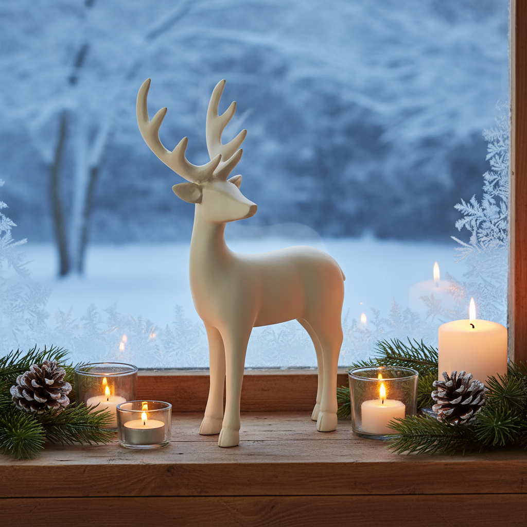 Matte cream white standing reindeer figurine on a Christmas windowsill with candlelight, pine sprigs and snowy view outside