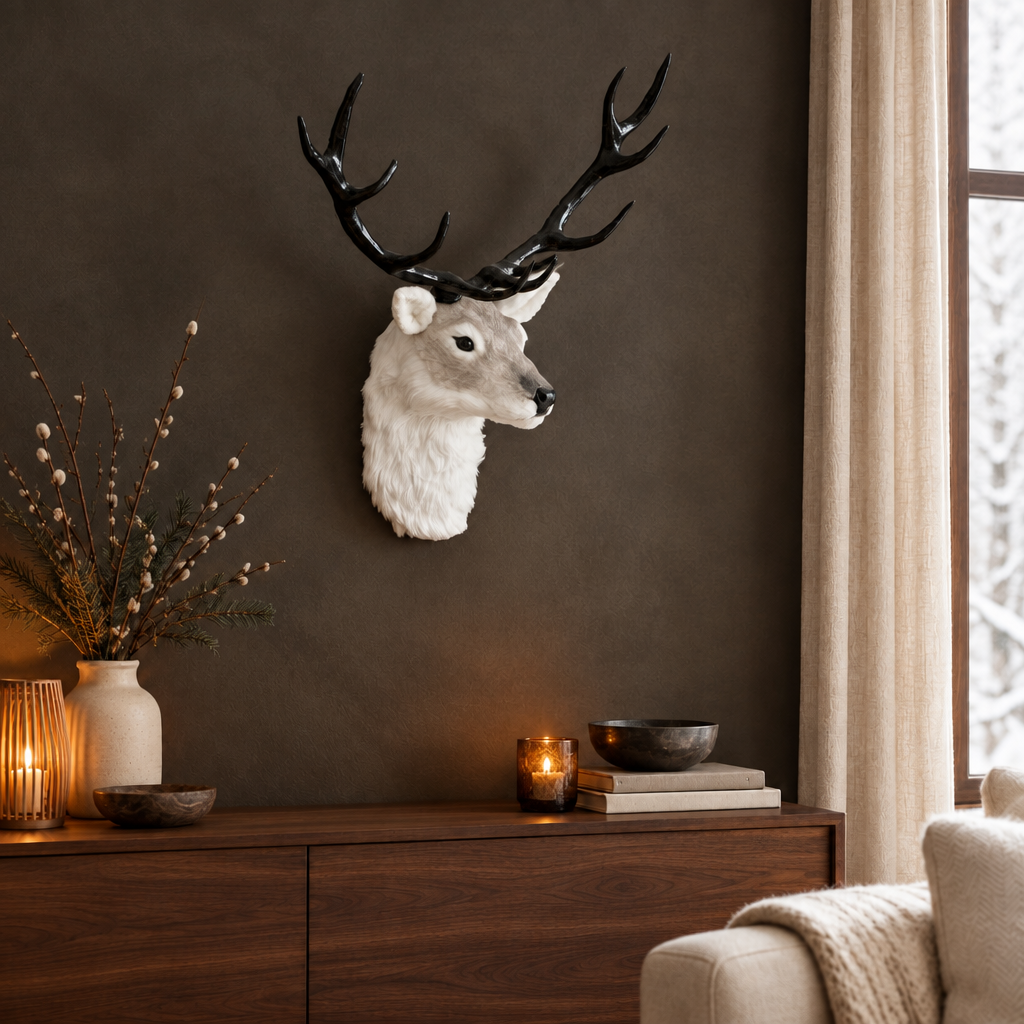White decorative deer head with black antlers mounted in a warm Nordic home interior, facing right