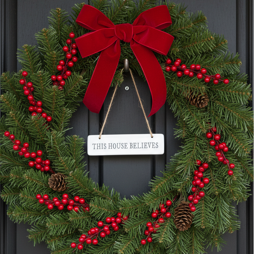 This House Believes ceramic hanging sign on a hook on a Christmas wreath-decorated dark wooden door
