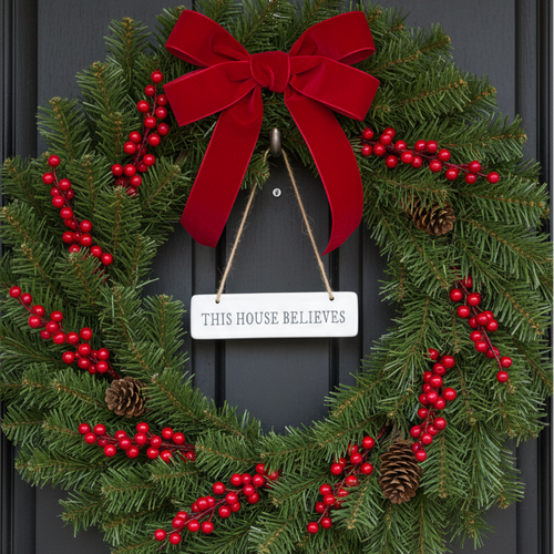 This House Believes ceramic hanging sign on a hook on a Christmas wreath-decorated dark wooden door