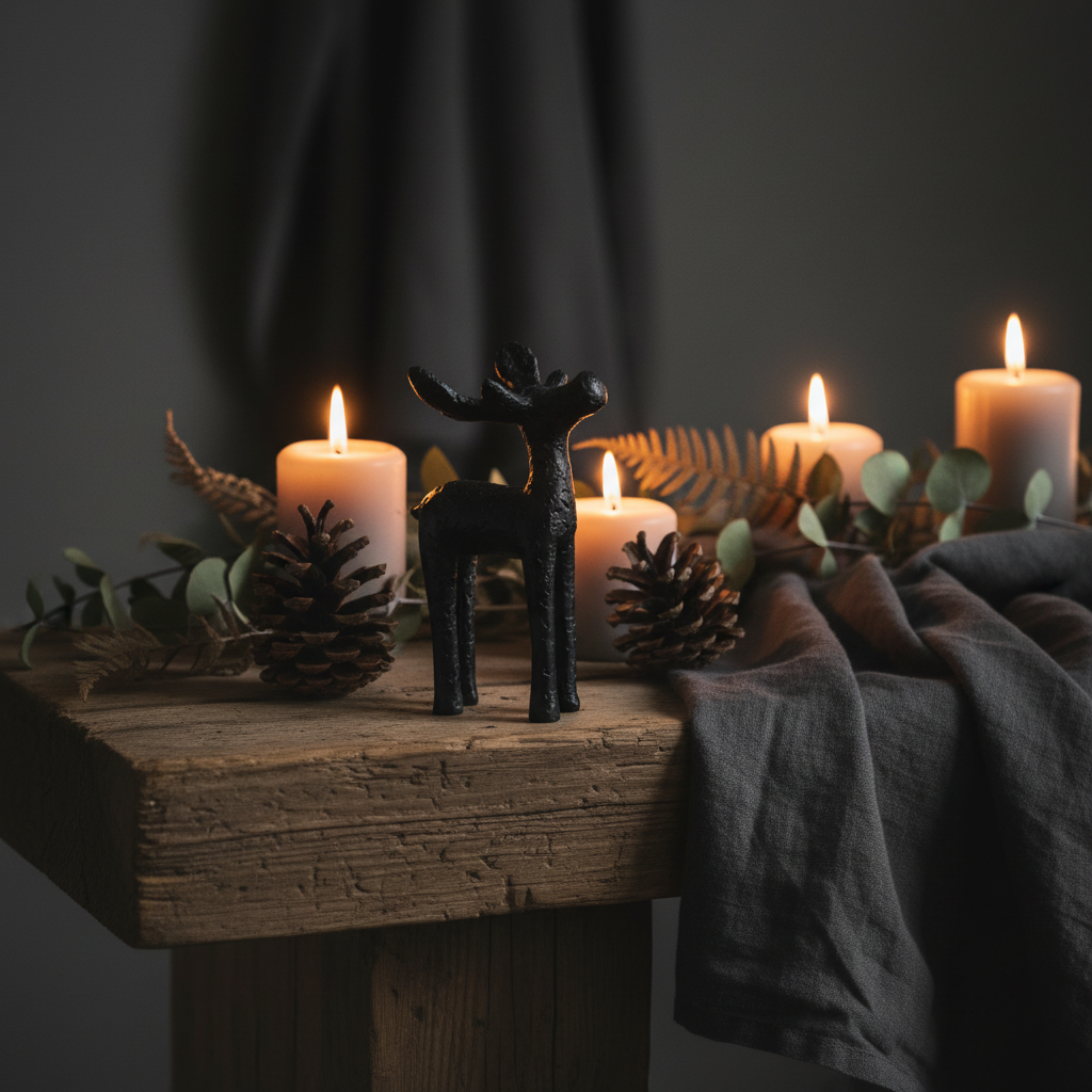 Rustic black moose ornament styled in a cosy Nordic home setting