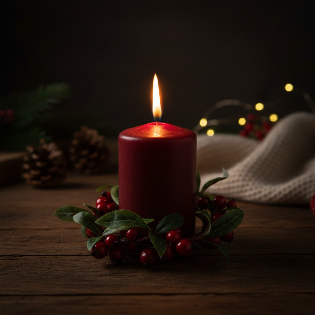 Red berry and leaf candle ring around a lit dark red pillar candle in a cosy Nordic setting