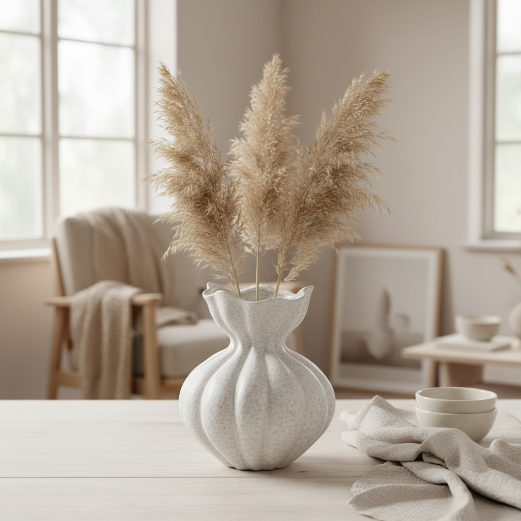 White sculpted ceramic vase styled in a beautiful Nordic home setting