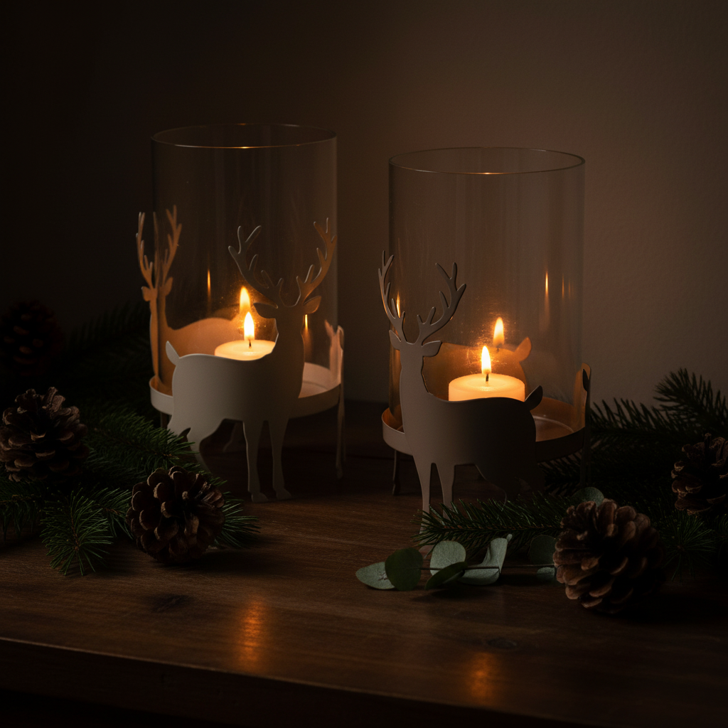 Tiro small stag lanterns in cream and taupe with lit tealight candles glowing inside, styled with pine sprigs and pine cones in a moody Nordic Christmas setting