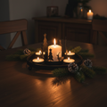 Matte black iron tealight wreath with lit candles and large white pillar candle in centre, casting tree and reindeer shadows on a dark wooden table in a cosy Nordic interior