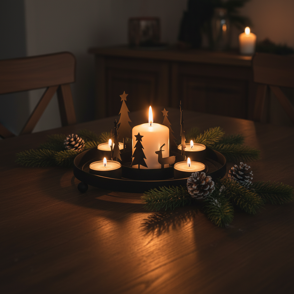 Matte black iron tealight wreath with lit candles and large white pillar candle in centre, casting tree and reindeer shadows on a dark wooden table in a cosy Nordic interior