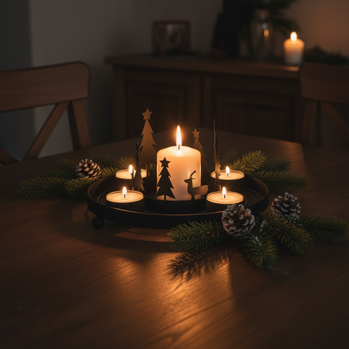 Matte black iron tealight wreath with lit candles and large white pillar candle in centre, casting tree and reindeer shadows on a dark wooden table in a cosy Nordic interior