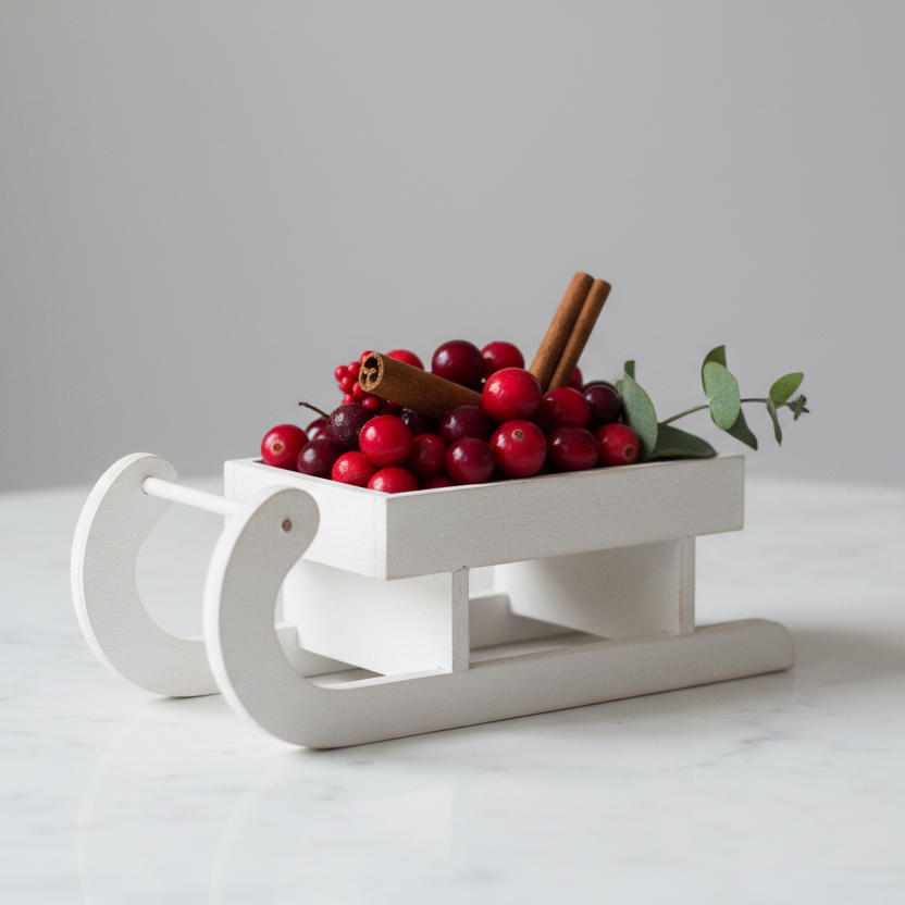 Small wooden whitewash sleigh styled with red berries, cinnamon stick and eucalyptus on a white marble surface