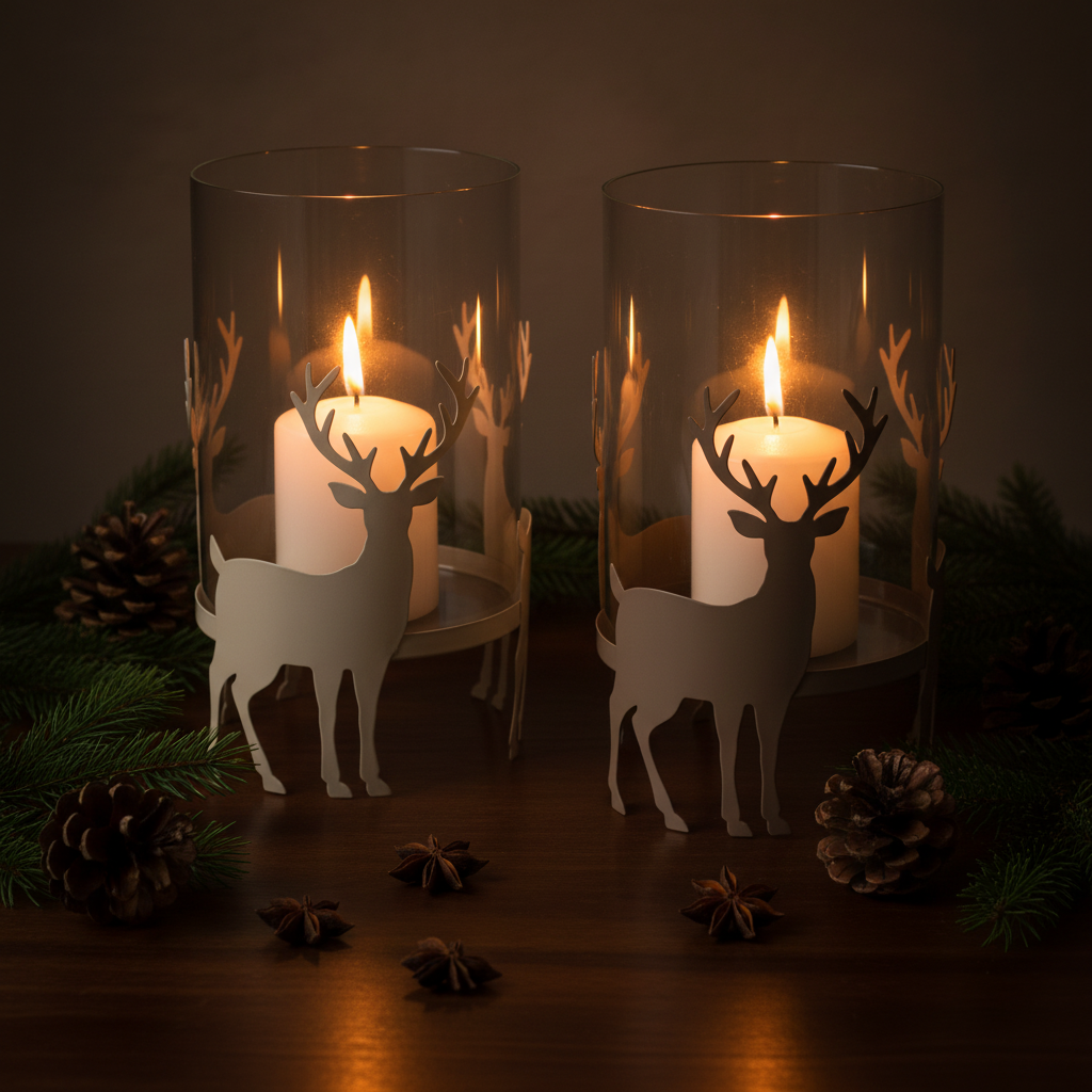 Tiro stag lanterns in cream and taupe with lit pillar candles glowing inside, styled with pine sprigs and pine cones in a moody Nordic Christmas setting