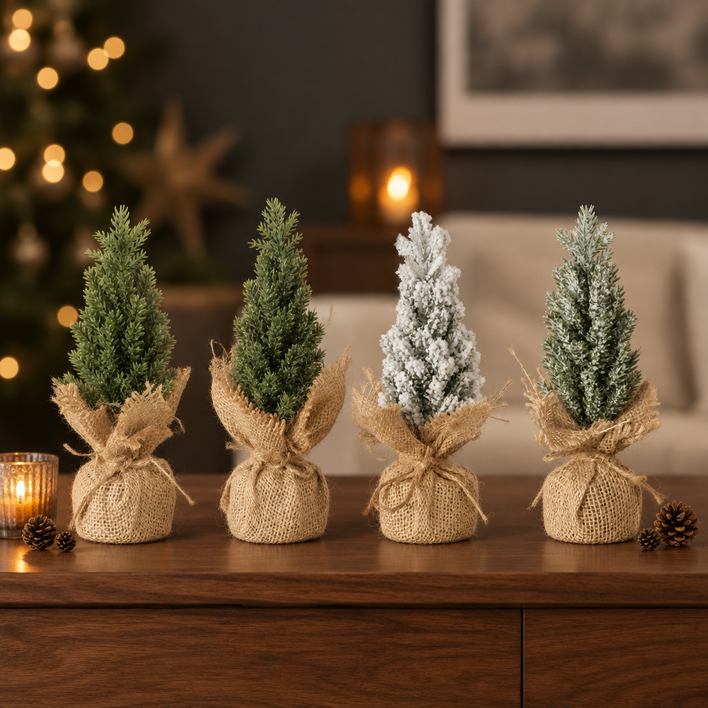 Four 17 cm miniature Christmas tree decorations in bare, lightly dusted, icy and snow-covered finishes, displayed together in a warm Nordic Christmas setting