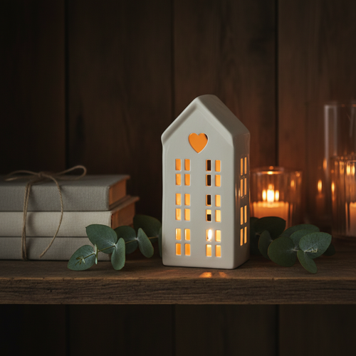 Dainty white ceramic LED house glowing warmly on a dark wooden shelf in a cosy Nordic hygge setting