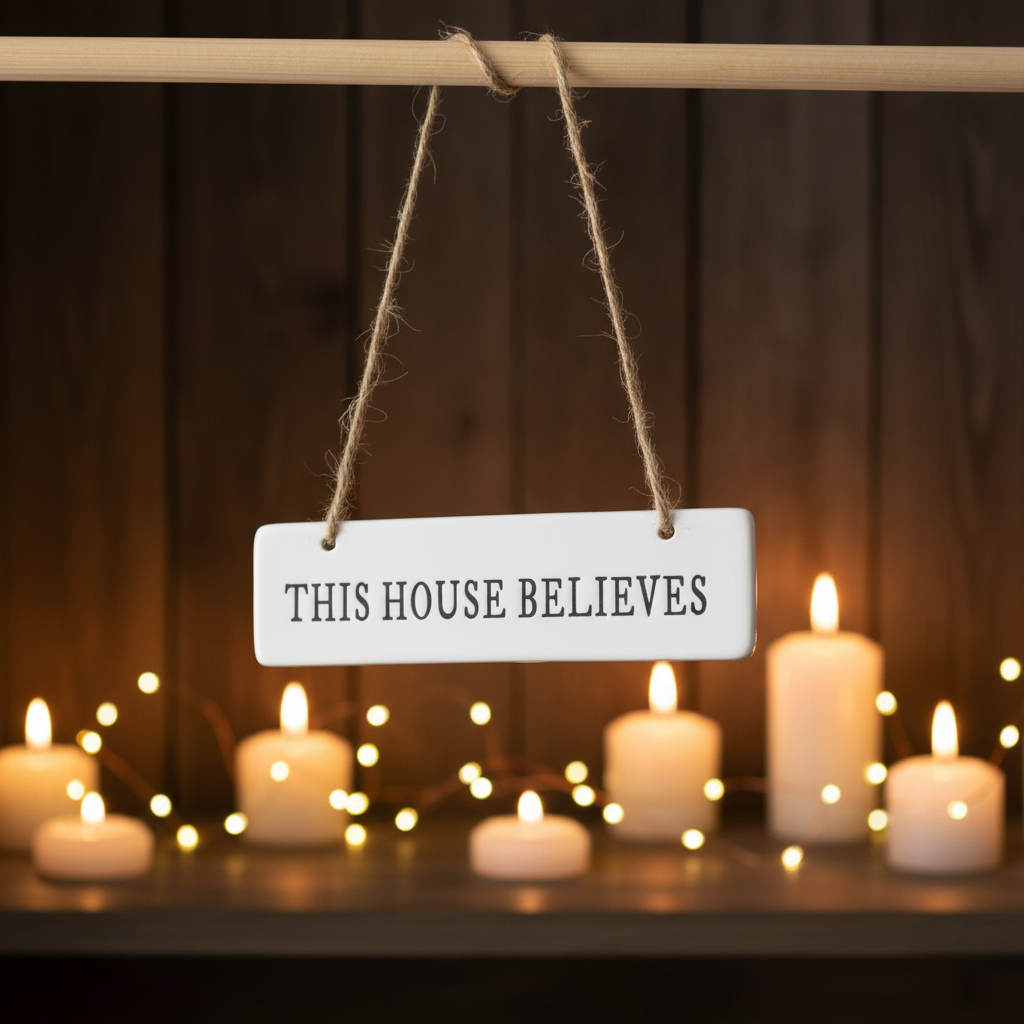 This House Believes ceramic hanging sign displayed in a cosy Nordic Christmas interior with candlelight