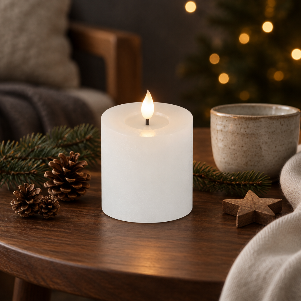 Compact white Lumineo LED candle with a warm realistic wick flame displayed on a walnut table in a cosy Nordic Christmas interior