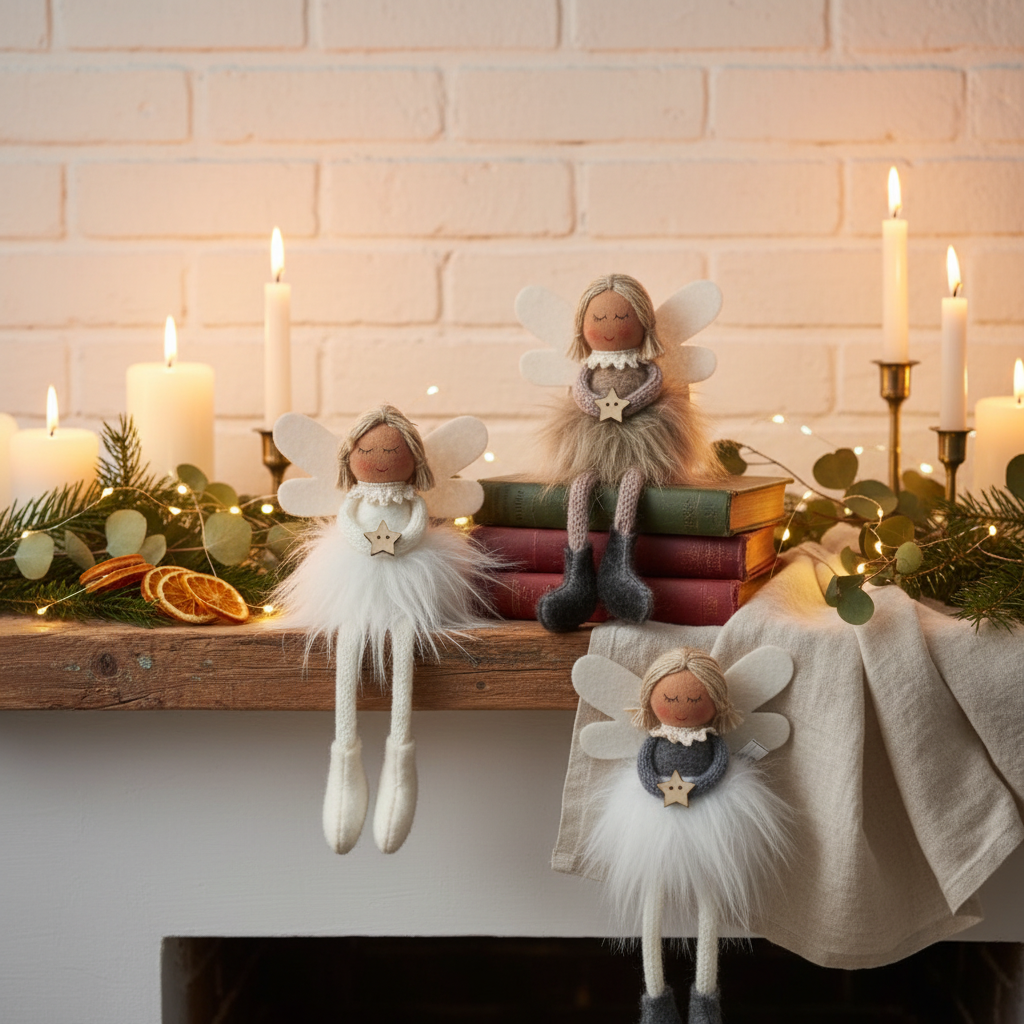 Three fabric angel decorations arranged at different heights in a warm, magical Nordic Christmas setting