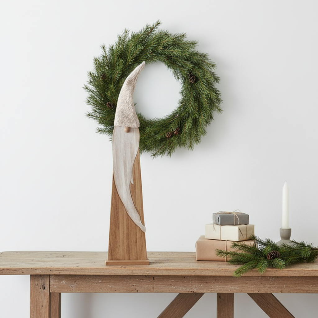 Smoked pine Santa gonk figurine on a Nordic console table with wreath, wrapped gifts, pine sprig and church candle