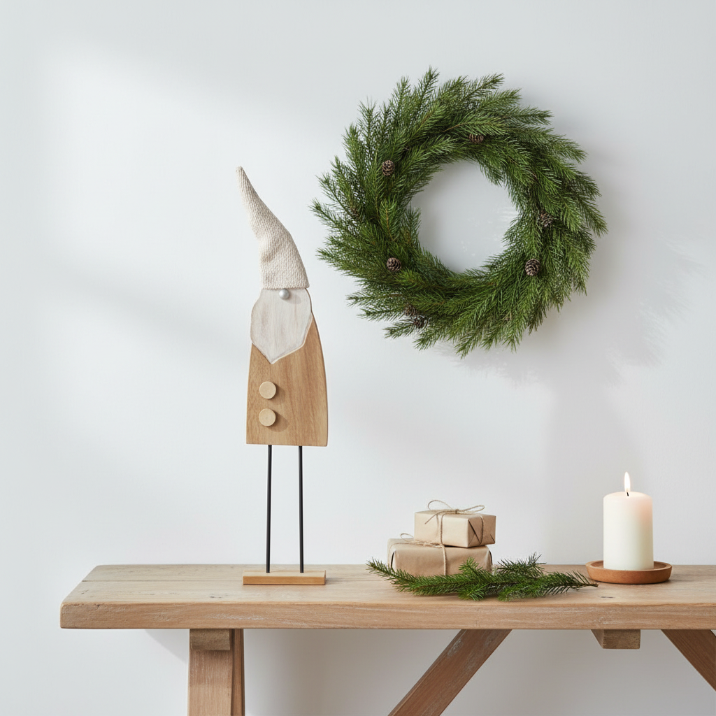 Tall wooden Santa gonk figurine on metal stand styled on a rustic console table with wrapped gifts, pine sprig and church candle in a Nordic entryway