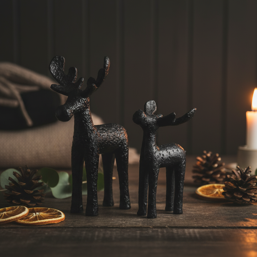 Black rustic moose ornaments styled on a dark wooden surface with pine cones, dried oranges and eucalyptus in a Nordic interior