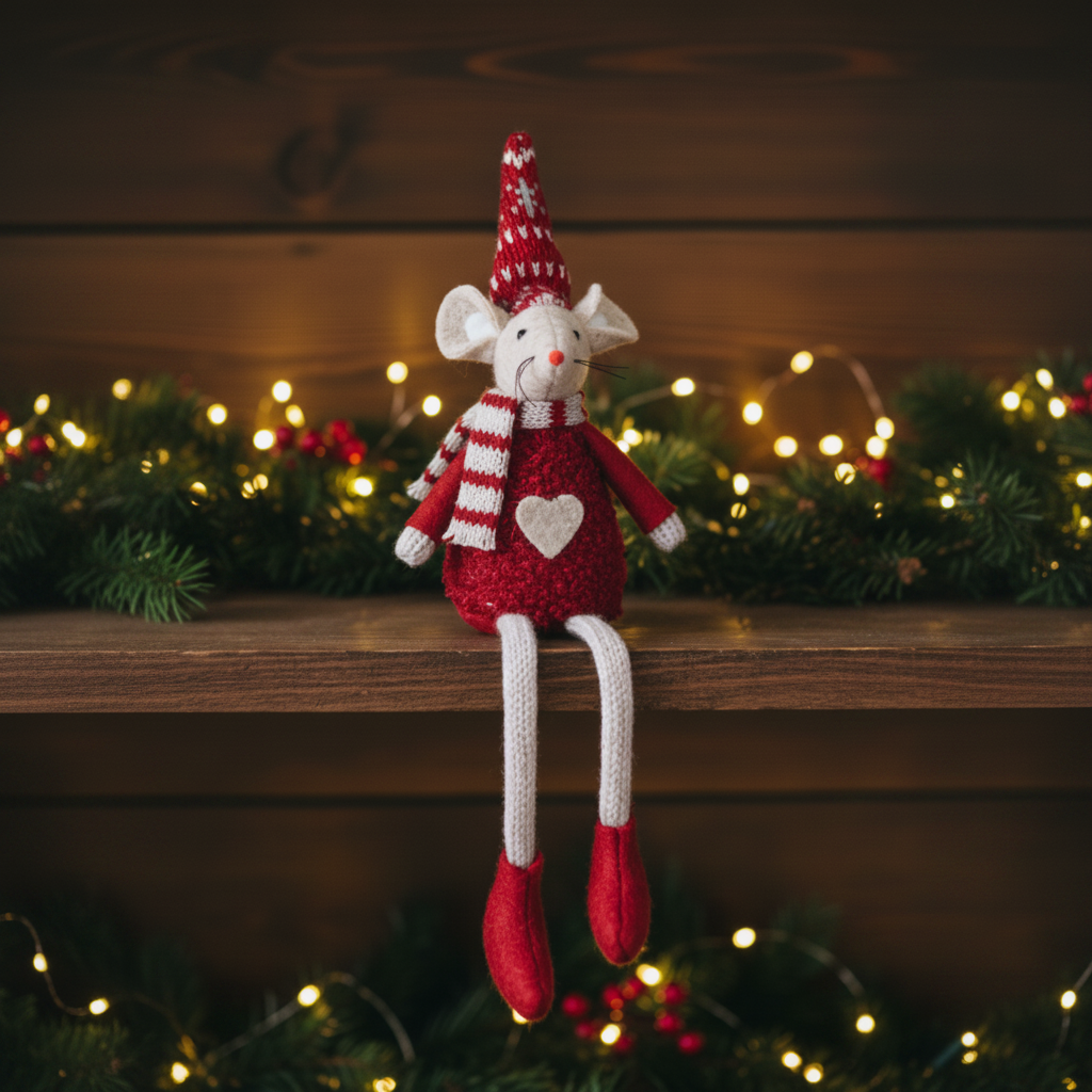 Red fabric sitting mouse with Nordic hat on a dark wooden shelf with fairy lights and pine sprigs