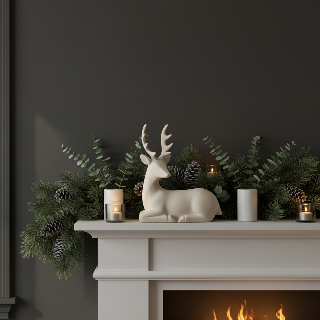 Matte cream seated reindeer figurine on a mantelpiece with pine garland, candles and warm firelight in a cosy Nordic interior