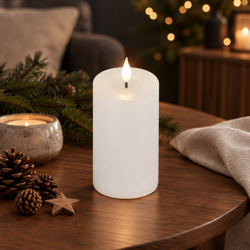 Tall 13.5 cm white Lumineo LED candle with a warm realistic wick flame displayed on a walnut table in a cosy Nordic Christmas interior
