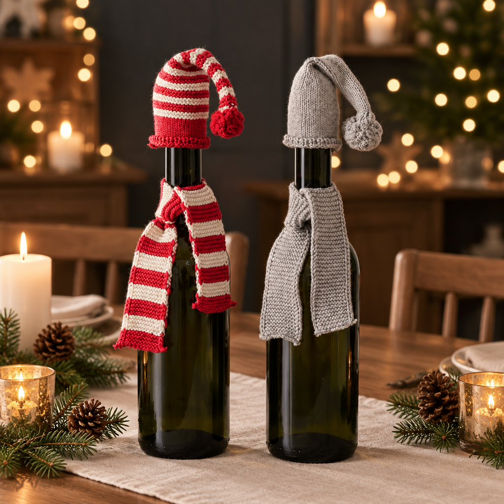 Two bottles dressed in Lutin knitted hat and scarf sets, one red and cream striped and one grey, styled on a warm Nordic Christmas table