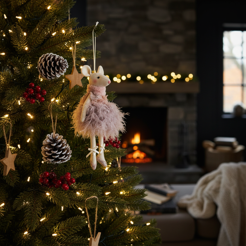 Hanging blush pink mouse in rara skirt Christmas decoration displayed on a decorated tree with warm fairy lights in a Nordic interior
