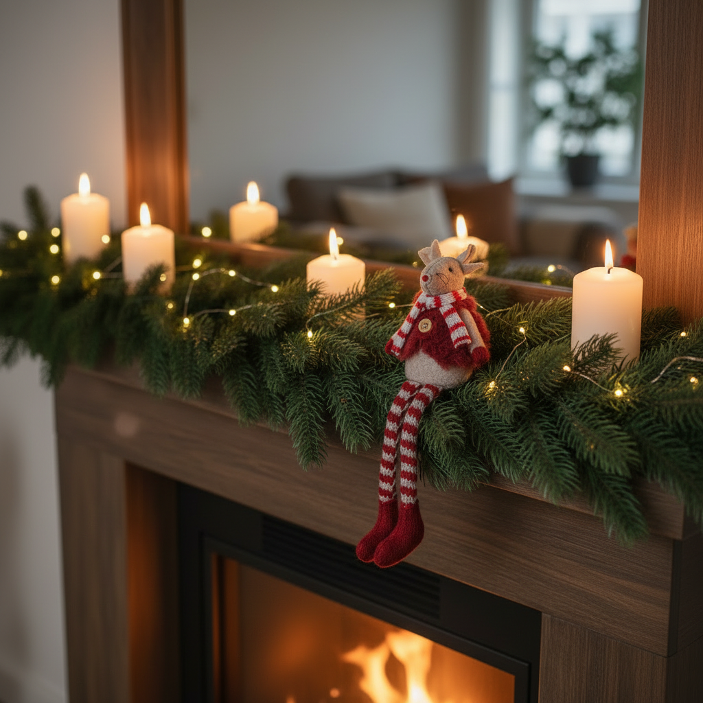 Knitted red mouse with striped legs sitting on a garland-dressed mantelpiece with candles and fairy lights