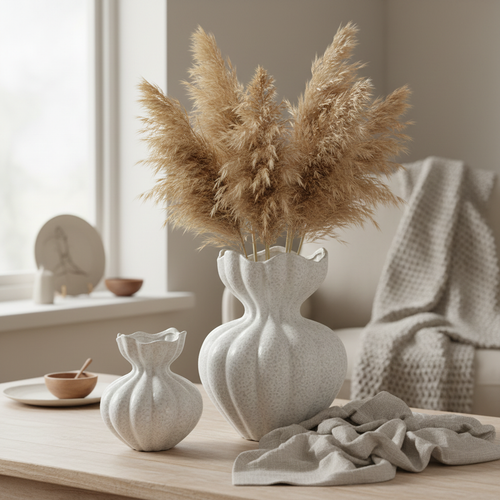 Two white sculpted ceramic vases styled in a beautiful Nordic home setting