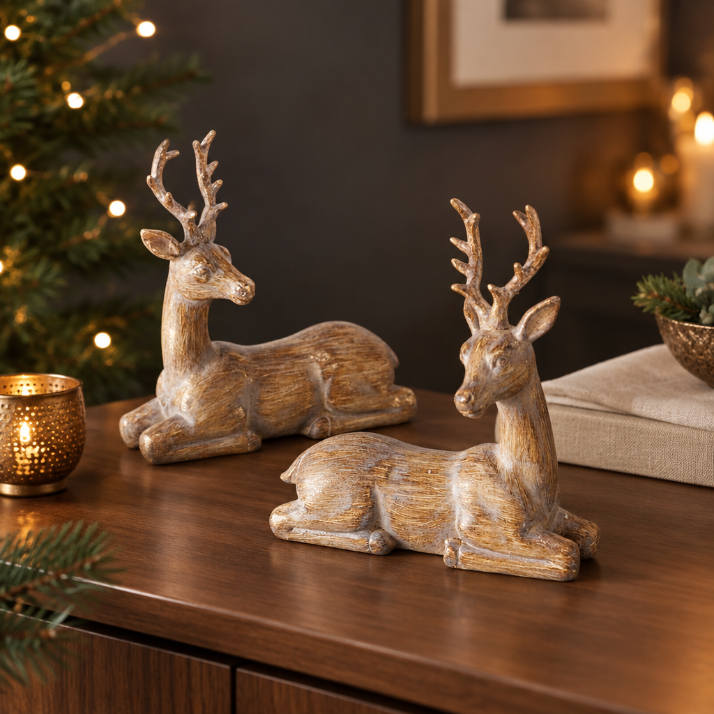 Pair of small gold and whitewashed reclining reindeer ornaments displayed on a warm wooden console in a cosy Nordic Christmas interior
