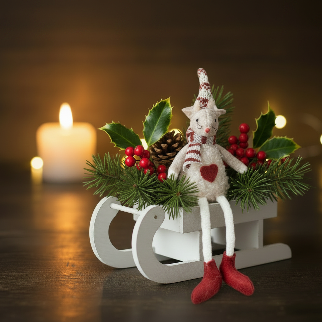 Small cream fabric sitting mouse in a whitewashed wooden sleigh filled with pine sprigs, holly and red berries in a cosy Nordic Christmas setting