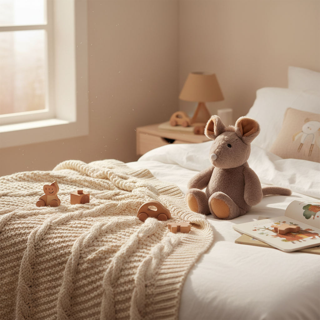 Lotti grey mouse plush toy on a child's bed with white linen and chunky knit blanket in a cosy Scandinavian bedroom