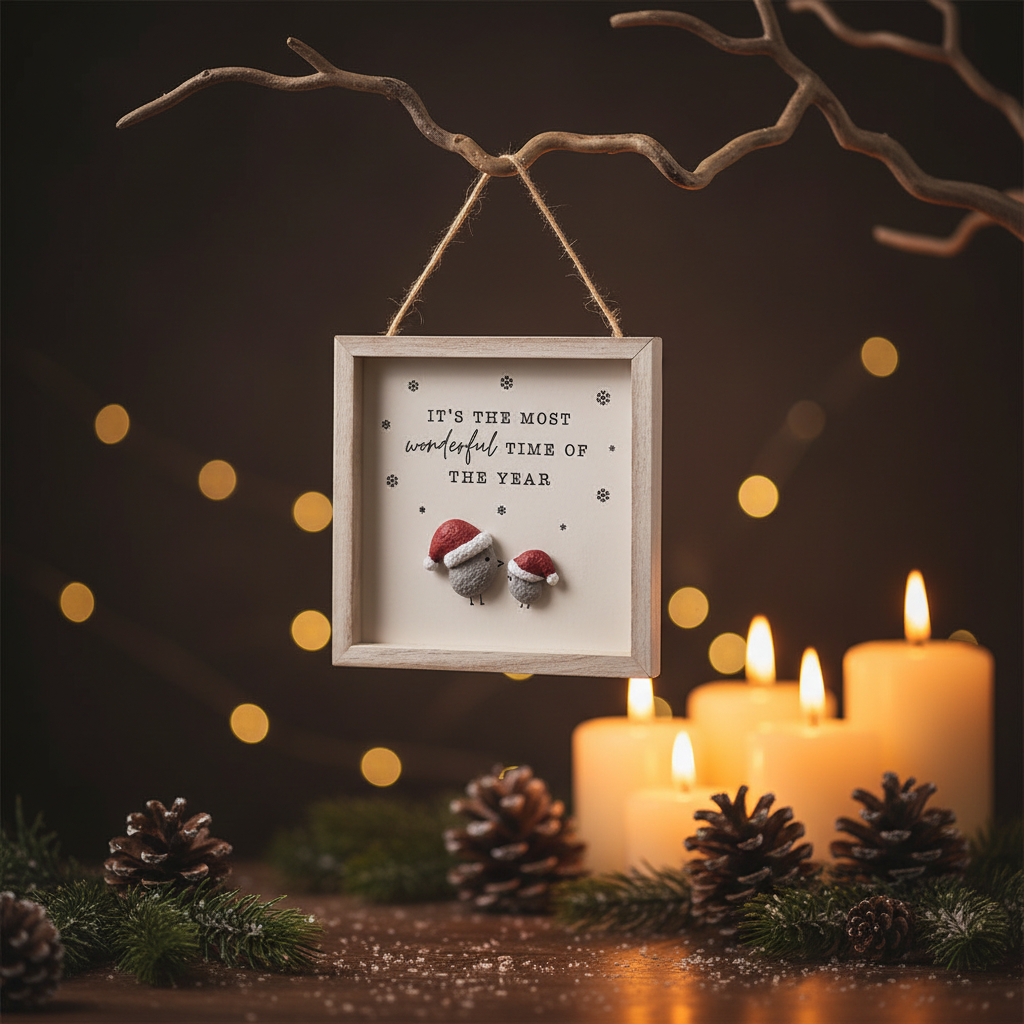 Hanging Christmas pebble sign with robin figures hung from a rustic branch in a cosy Nordic Christmas setting