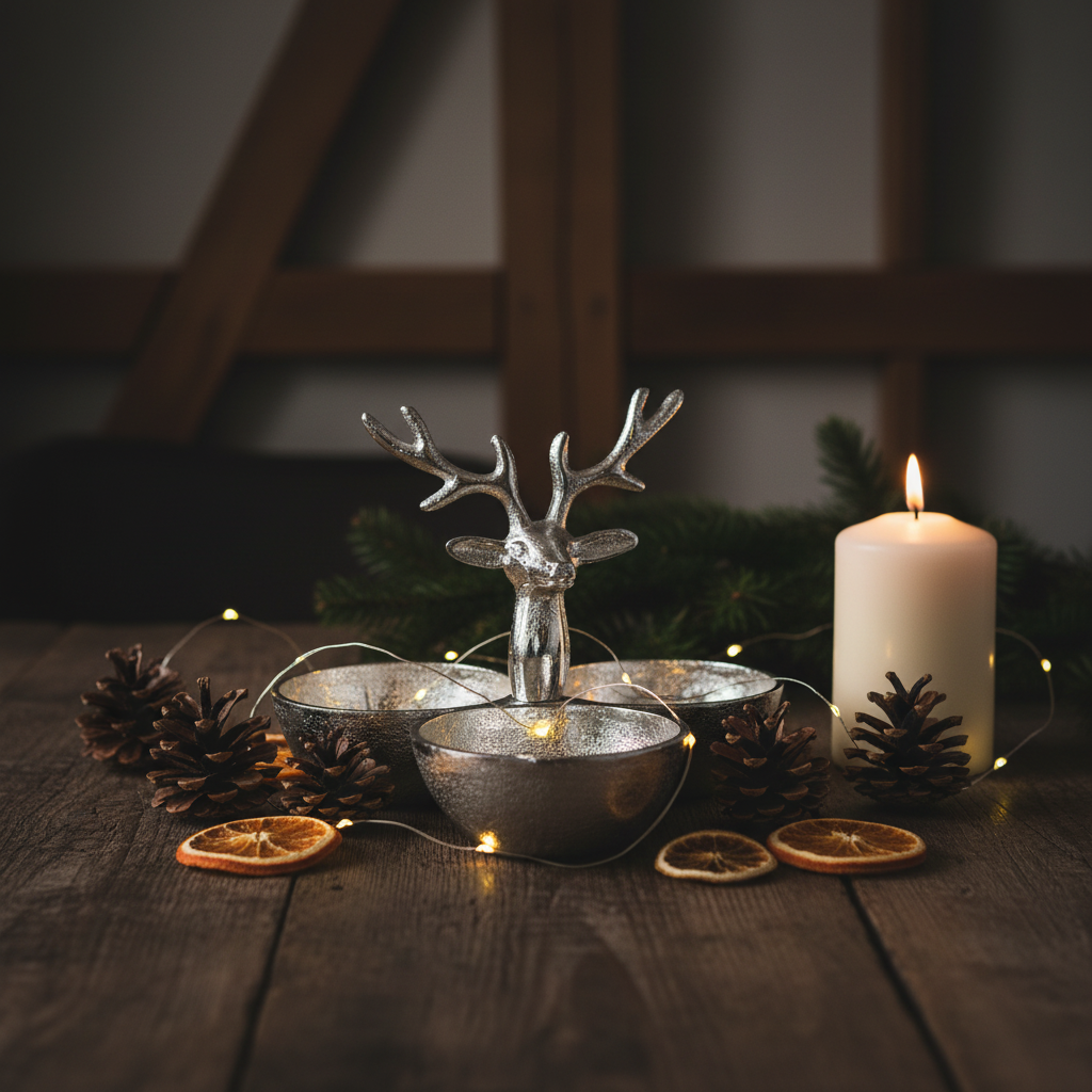 Silver stag triple bowl dish styled on a dark wooden table with pine cones, candle and fairy lights in a Nordic Christmas setting