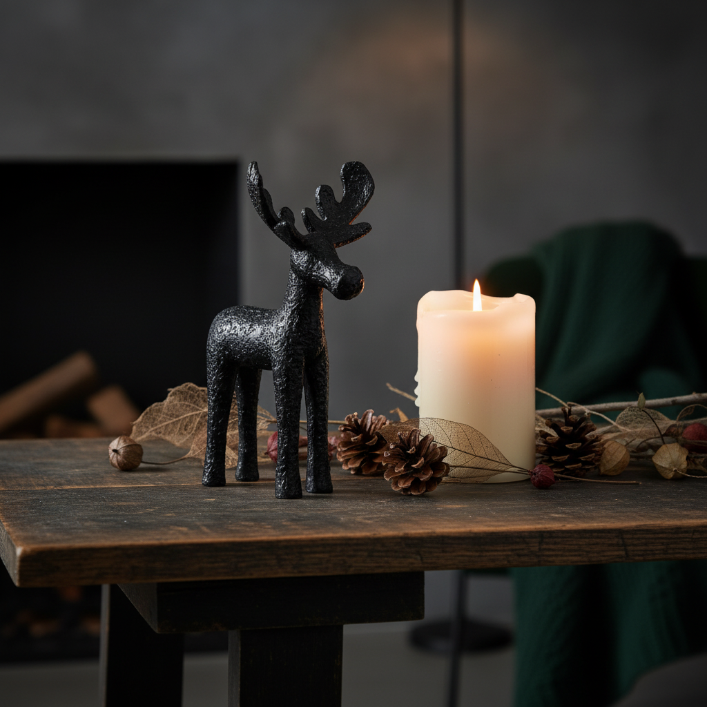Large black rustic moose ornament styled on a dark wooden console table with candle, pine cones and dried botanicals