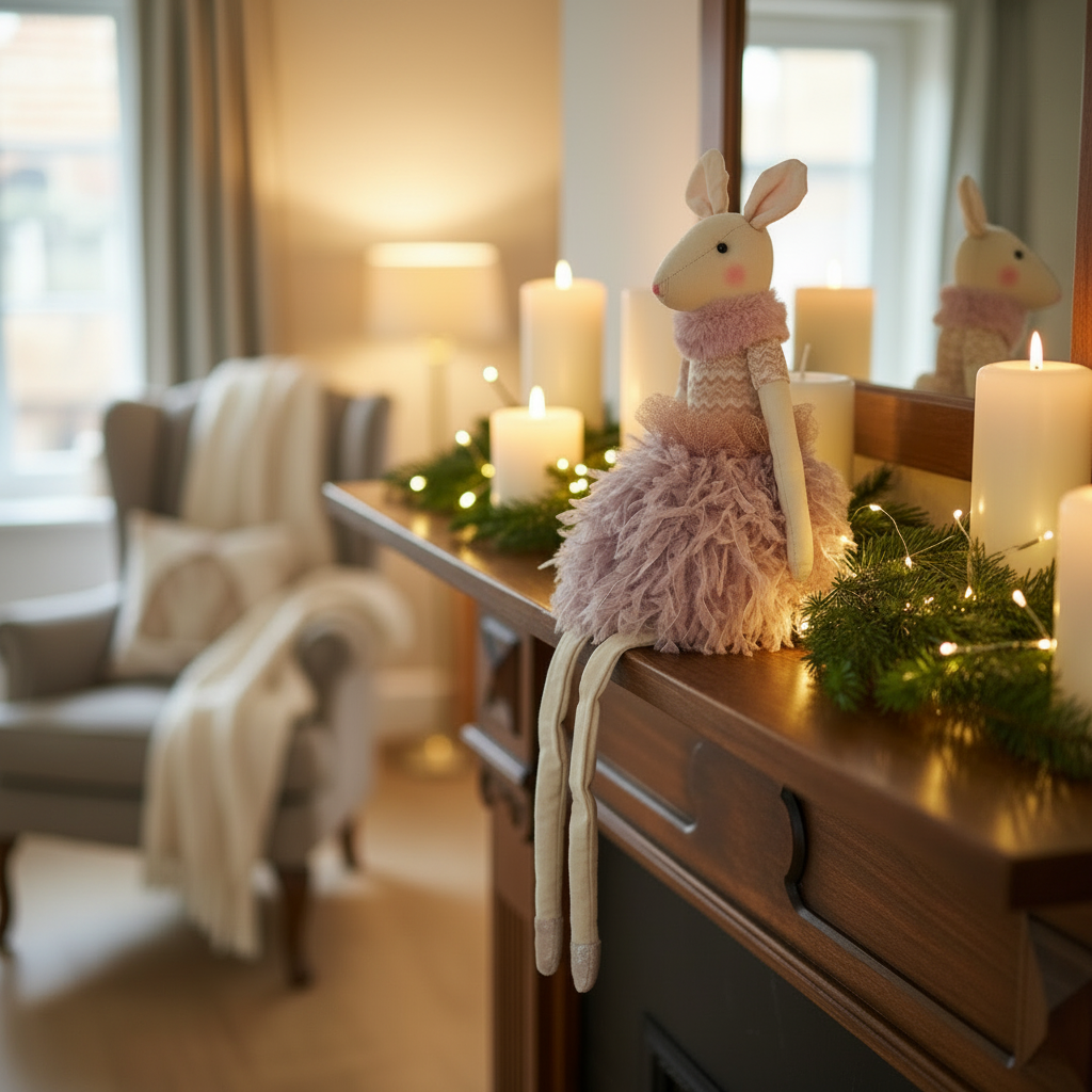 Sitting ballet mouse decorative figure perched on a dark wooden mantelpiece with candles and pine sprigs in a cosy Nordic interior