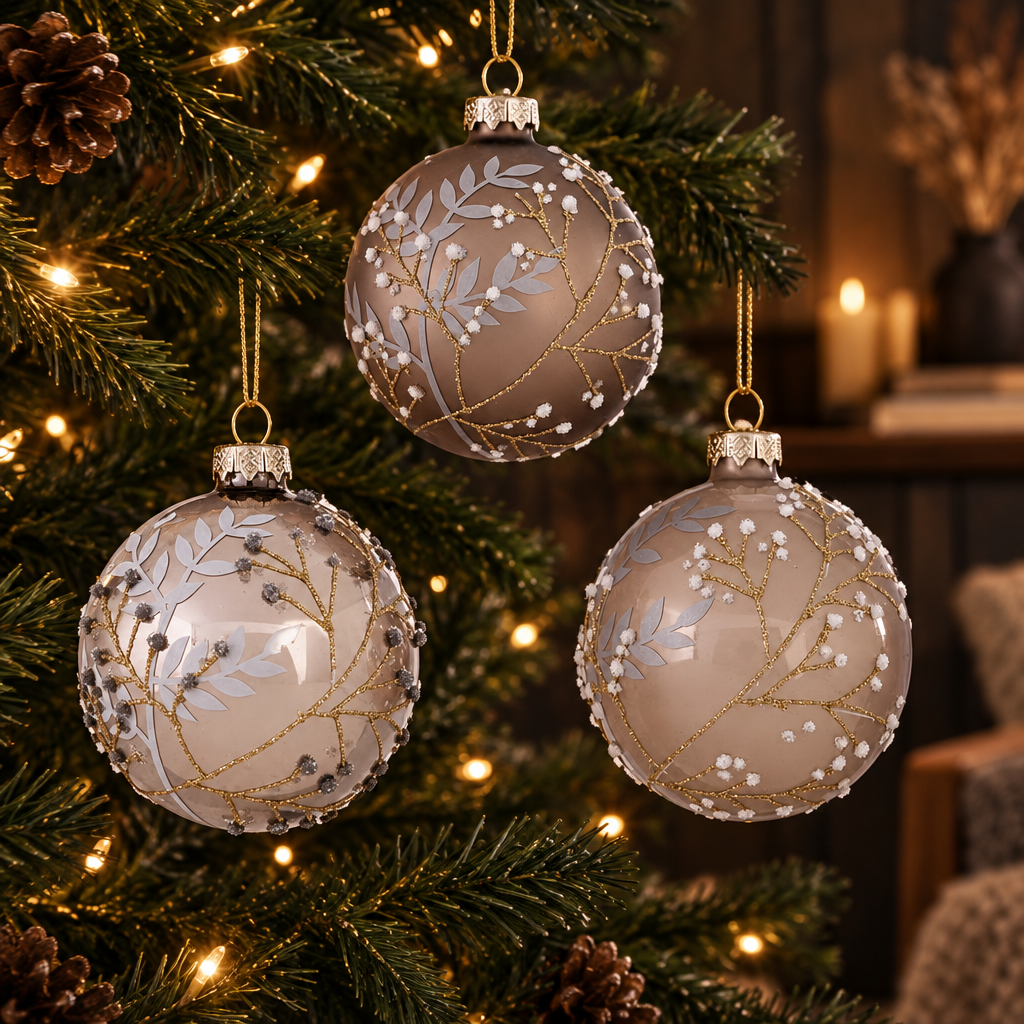 Three beige Chantelle hand-painted glass baubles hanging on a warmly lit Nordic Christmas tree
