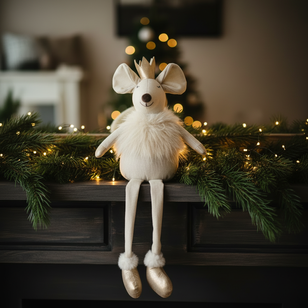 Large cream fabric sitting mouse with dangling legs on a dark wooden mantelpiece with pine sprigs and fairy lights in a Nordic interior