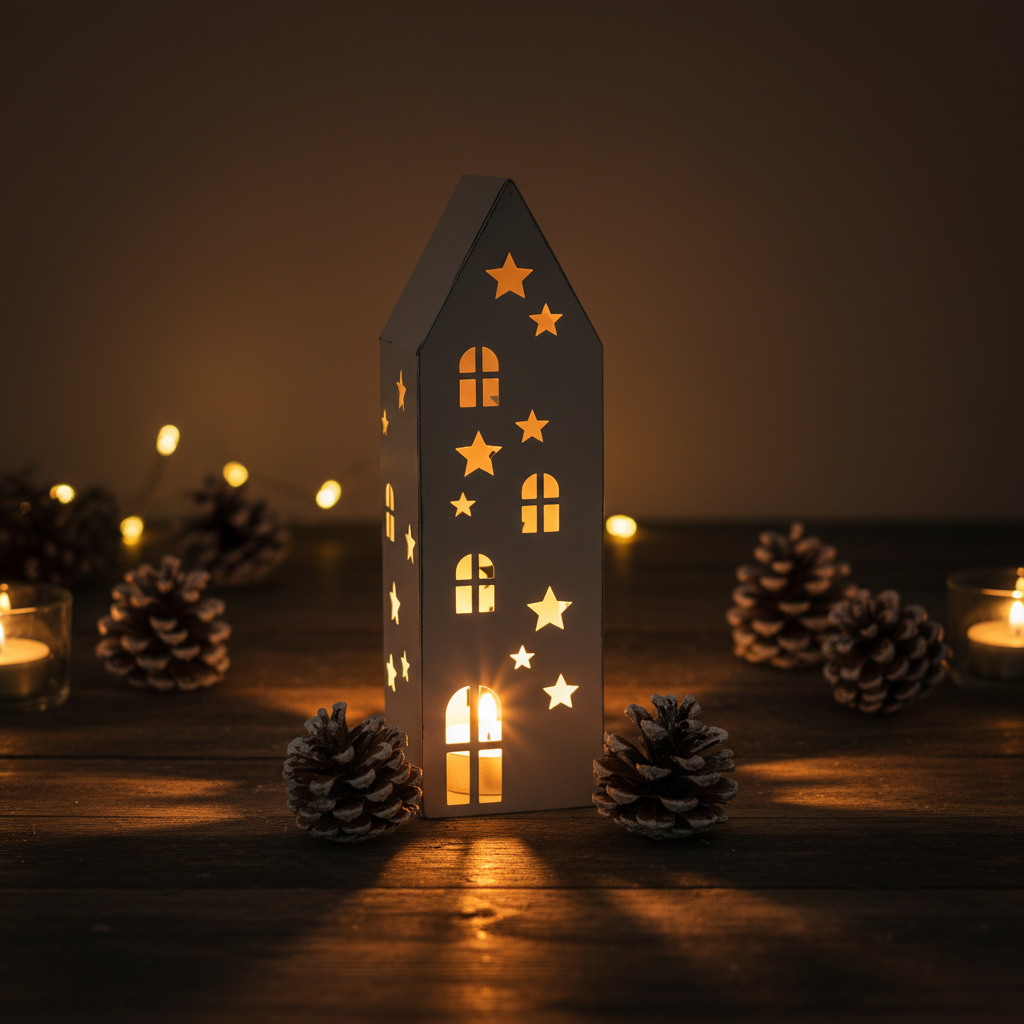 Tall white metal star cut-out house candle holder with warm tealight glow in a Nordic Christmas setting