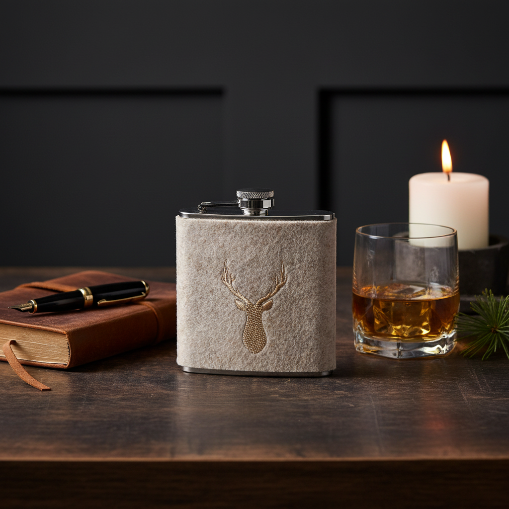Stag embroidered hip flask on a dark oak desk with leather journal, whisky glass and candlelight in a Nordic office setting