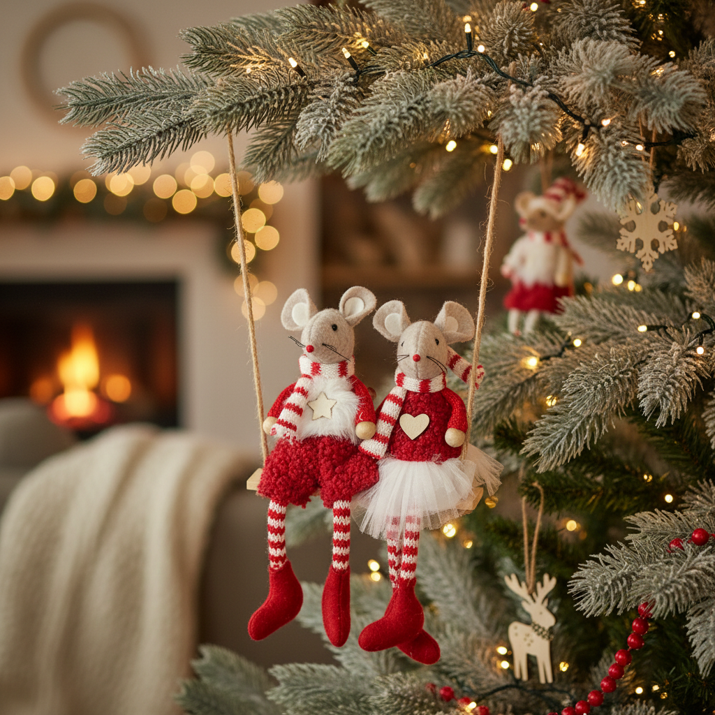 Two red fabric mice on a swing hanging on a decorated Christmas tree with warm fairy lights
