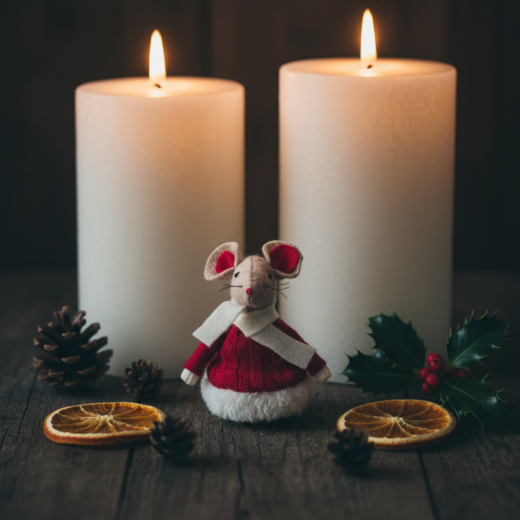Mouse decoration in red jumper and white scarf styled beside large pillar candles in a Nordic Christmas setting