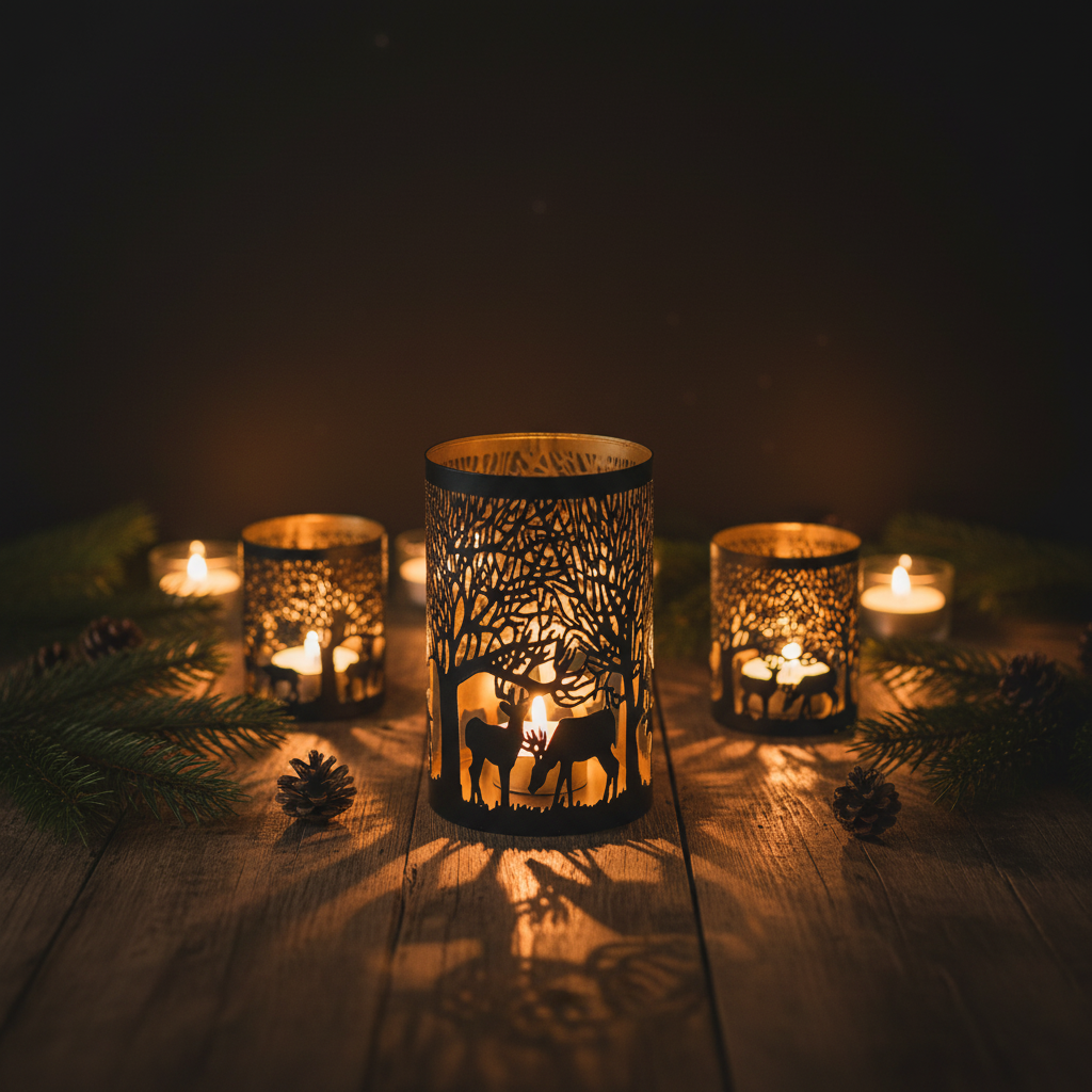 All three gold reindeer cut out candle holders glowing in a cosy Nordic Christmas setting, large 20cm in foreground