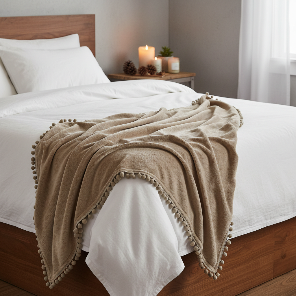 Earth brown cashmere touch fleece throw draped over a dark wooden bed in a cosy Nordic bedroom setting