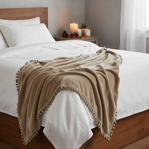 Earth brown cashmere touch fleece throw draped over a dark wooden bed in a cosy Nordic bedroom setting
